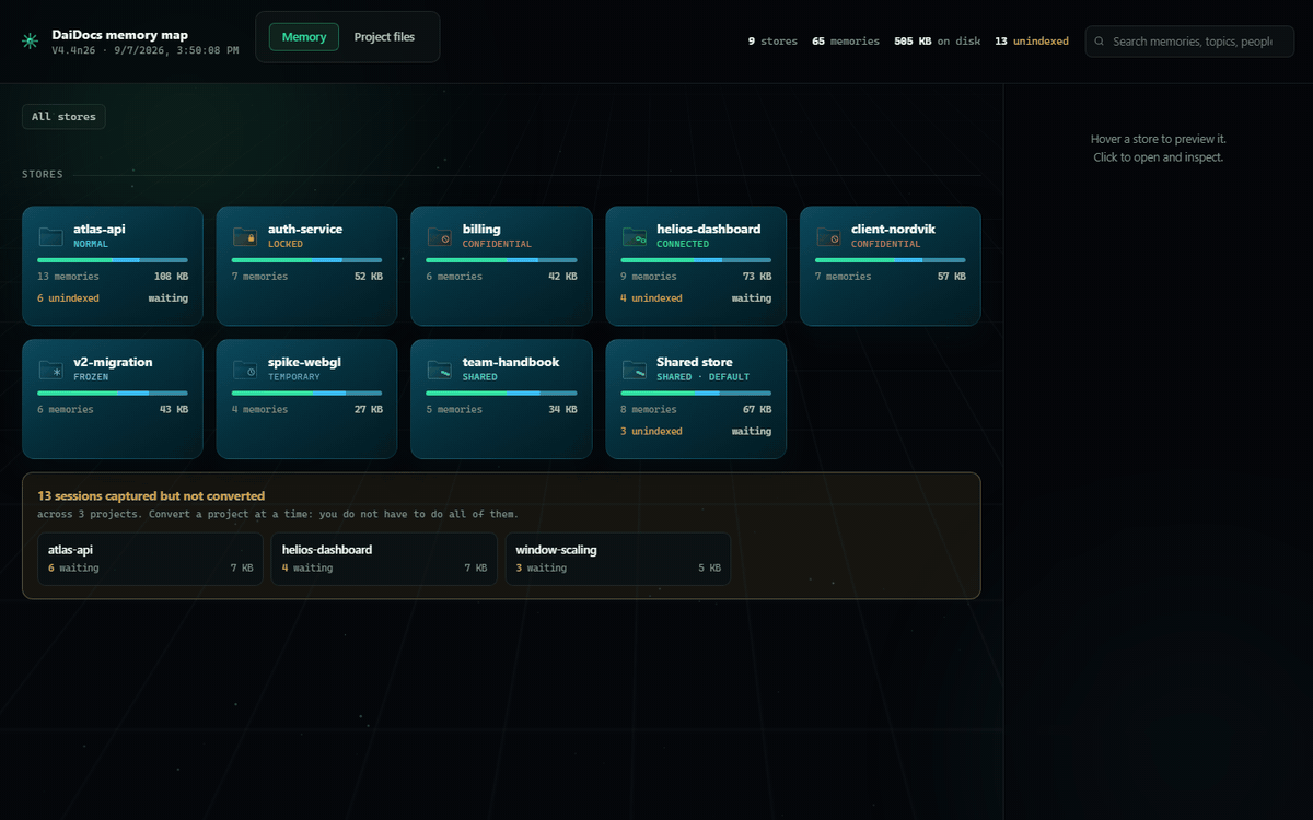 A click-through of the memory map: every store, the conversion backlog grouped by project, a store's memories and the lines between related ones, a memory as its own page, the file in its three zones beside the verbatim original, live search, and the folder page with backup and folder type
